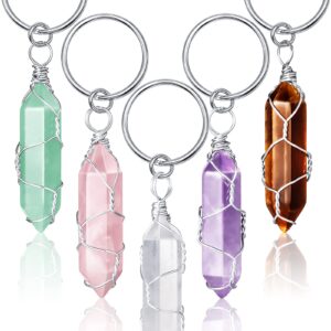 5 Pieces Crystals Stone Keychain Healing Stones Jewelry Hexagonal Crystal Keyring Quartz Pendants Keychain Quartz Crystal Healing Crystal for Women