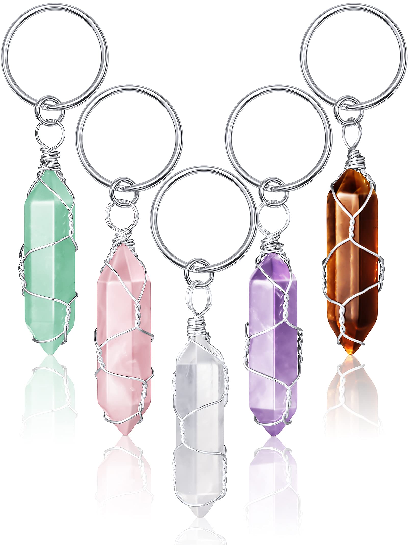 5 Pieces Crystals Stone Keychain Healing Stones Jewelry Hexagonal Crystal Keyring Quartz Pendants Keychain Quartz Crystal Healing Crystal for Women