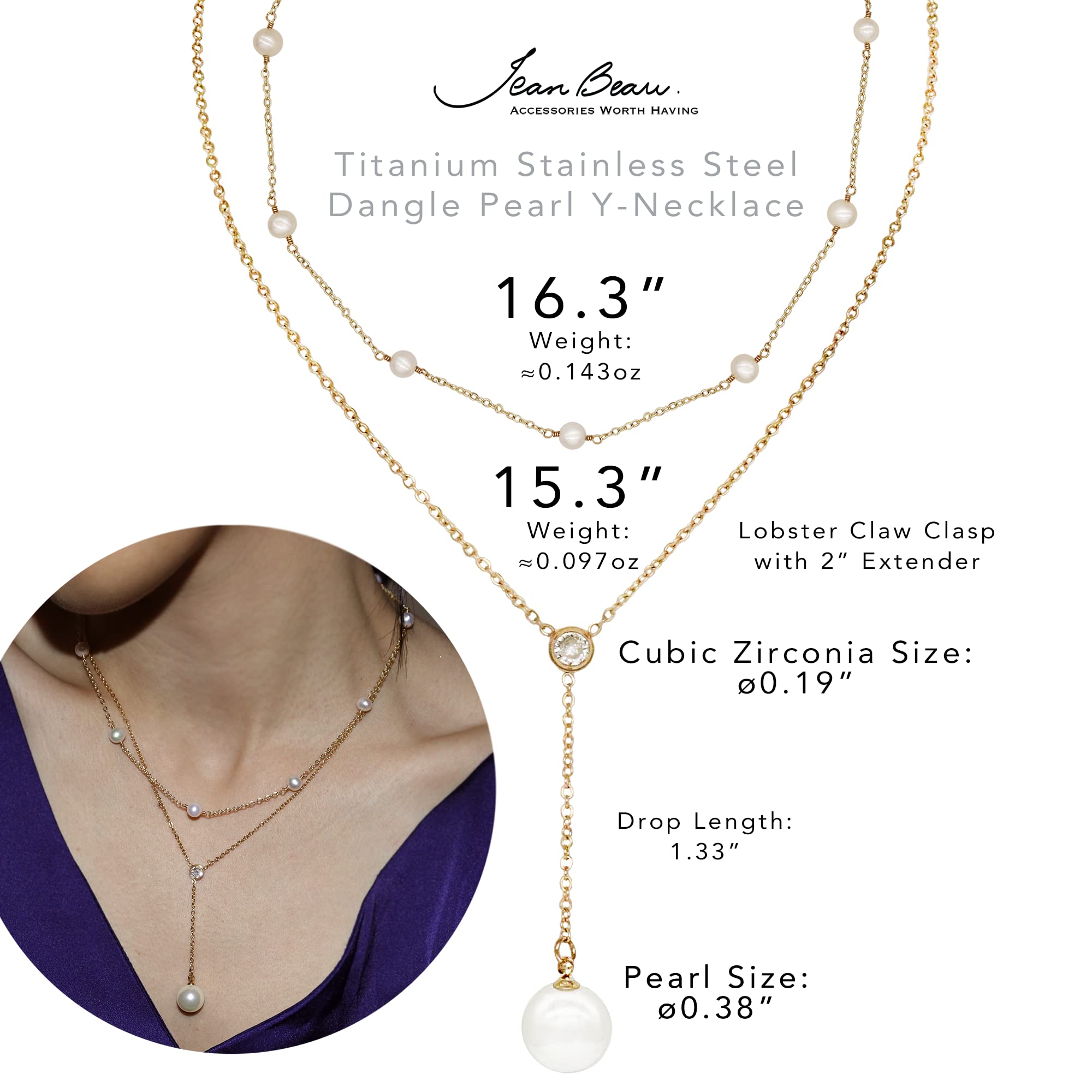 Jean Beau 2PCS Gold Pearl Drop Cubic Zirconia Y Necklace for Women and Tiny Dainty Pearls Station Strand Gold Layering Statement Choker