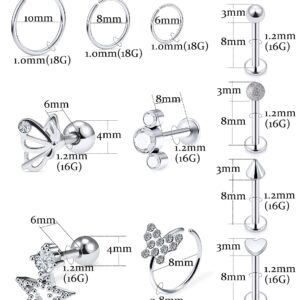 Oufksiyy tragus piercing jewelry 16G surgical steel tragus earrings for women cartilage earring Stud s Hoop butterfly cz Rook Piercing Jewelry For mens earrings Silver