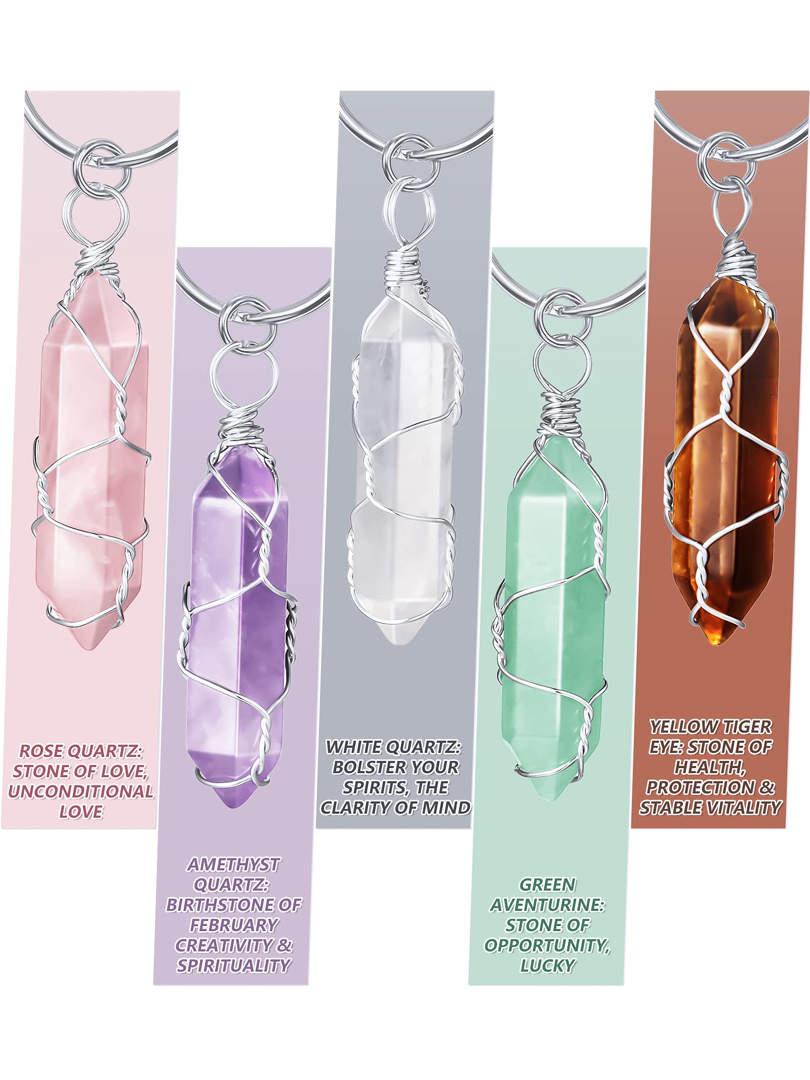 5 Pieces Crystals Stone Keychain Healing Stones Jewelry Hexagonal Crystal Keyring Quartz Pendants Keychain Quartz Crystal Healing Crystal for Women