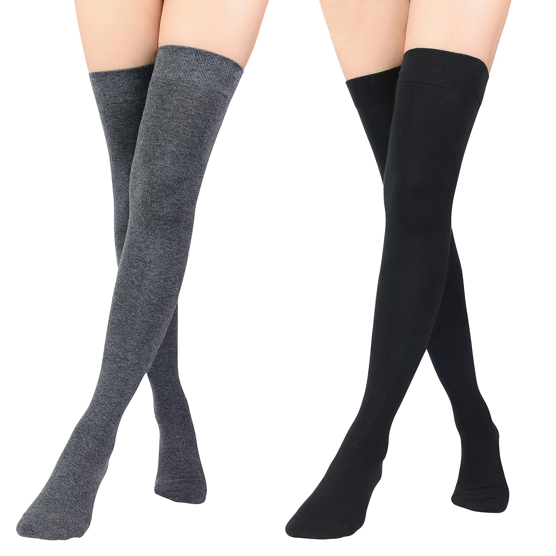 Zando Womens Long Knee High Socks Over the Knee Socks Plus Size Thigh High Stockings Cotton High Long Socks Solid Thigh Highs for Thick Thighs Non Slip Knee High Socks Black & Dark Gray