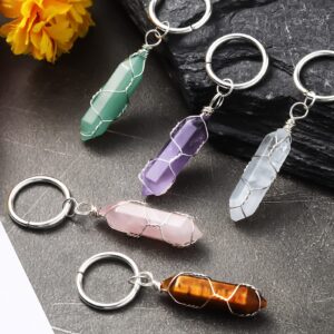 5 Pieces Crystals Stone Keychain Healing Stones Jewelry Hexagonal Crystal Keyring Quartz Pendants Keychain Quartz Crystal Healing Crystal for Women