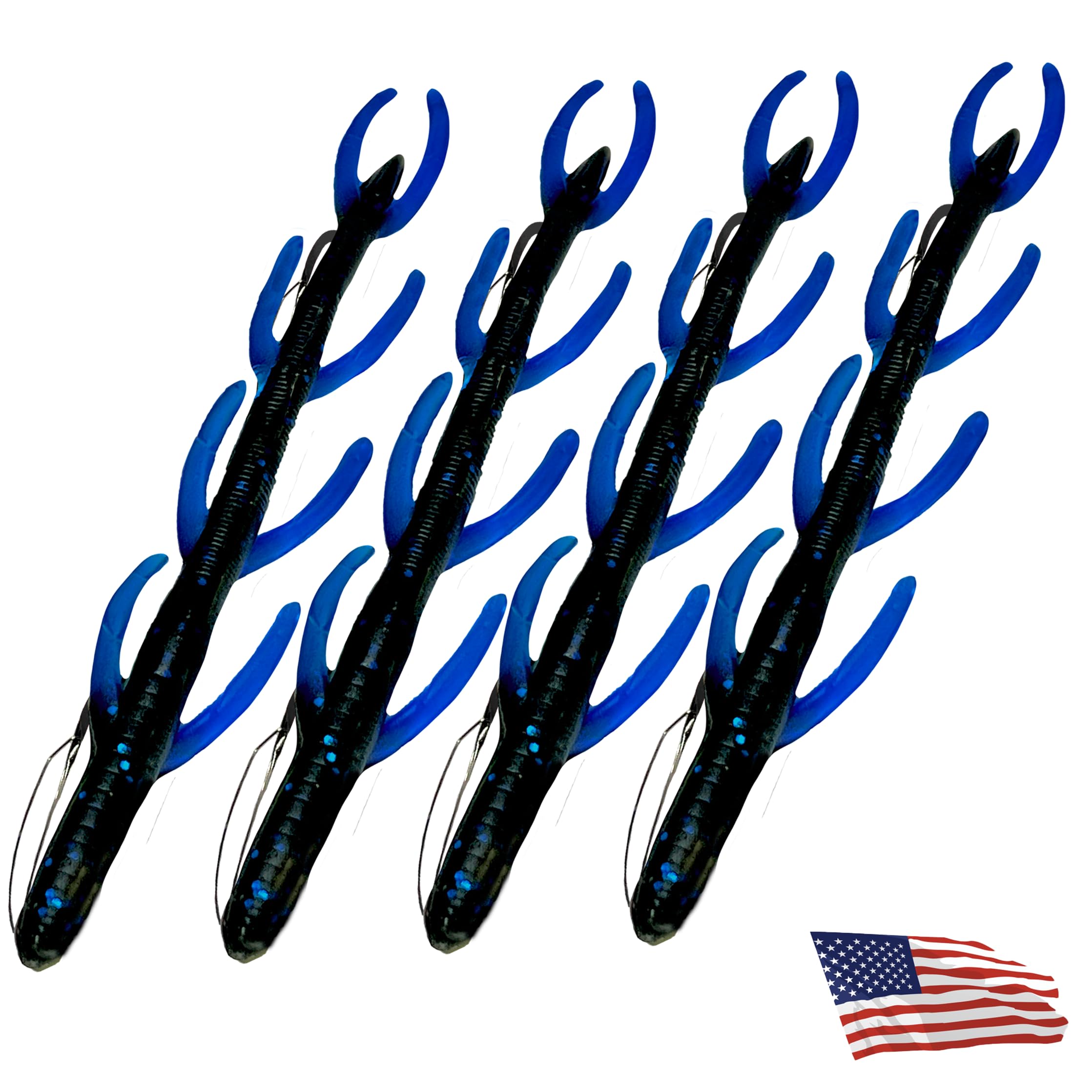 Delong Lures 6" Weedless Leggy KILR Fishing Worms for Bass, Pike, and Other Sport Fish, Soft Plastic for Bass Fishing, Pike Fishing Lures Baits Tackle Worms for Fishing (Black/Blue)