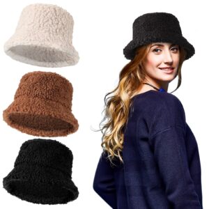 SATINIOR 3 Pcs Fuzzy Bucket Hat Faux Fur Bucket Hat Winter Fluffy Bucket Hat Wide Brim Cloche Hat Fisherman Cap for Women Men