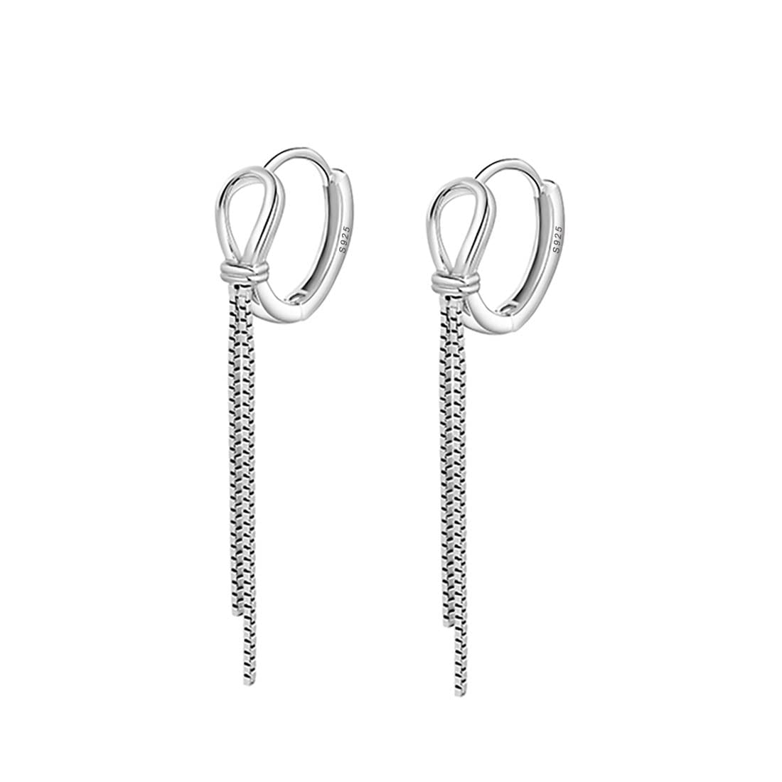 SLUYNZ 925 Sterling Silver Hoop Earrings Tassel for Women Teen Girls Bow Hoop Earrings Huggie Dangling Chain (A-Silver)