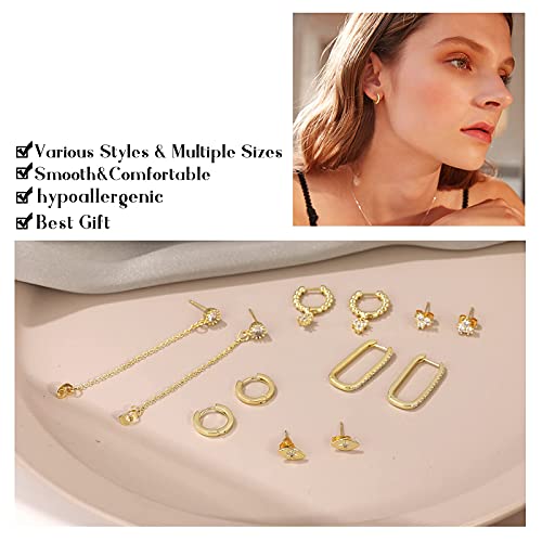 6Pair Small Gold Huggie Hoop Earrings for Women,14K Gold Plated Earring Set, Huggies Earrings, Cartilage Hoop Earring, Trendy Dainty Tiny Cubic Zirconia Beaded Chain Twisted Earrings Packs (Gold Color-A)