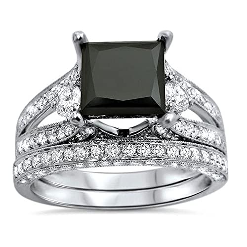 3 Ct Princess Cut Black & White Diamond Vintage Engagement Ring Bridal Wedding Set 14k White Gold Plated 925 Sterling SIlver9