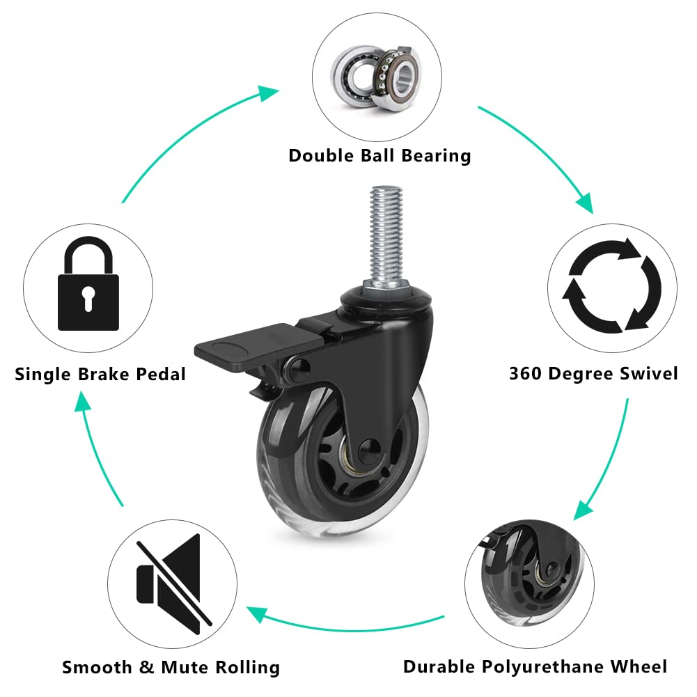 Hirate 3" Stem Swivel Casters Heavy Duty Lockable Casters 1/2"-13 x 1.5" Threaded Stem Caster - Pack of 4 for Furniture Trolley Dolly, Included with Flange Lock Nuts