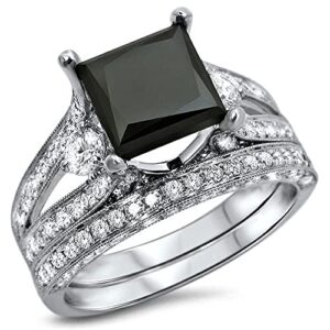 3 Ct Princess Cut Black & White Diamond Vintage Engagement Ring Bridal Wedding Set 14k White Gold Plated 925 Sterling SIlver9