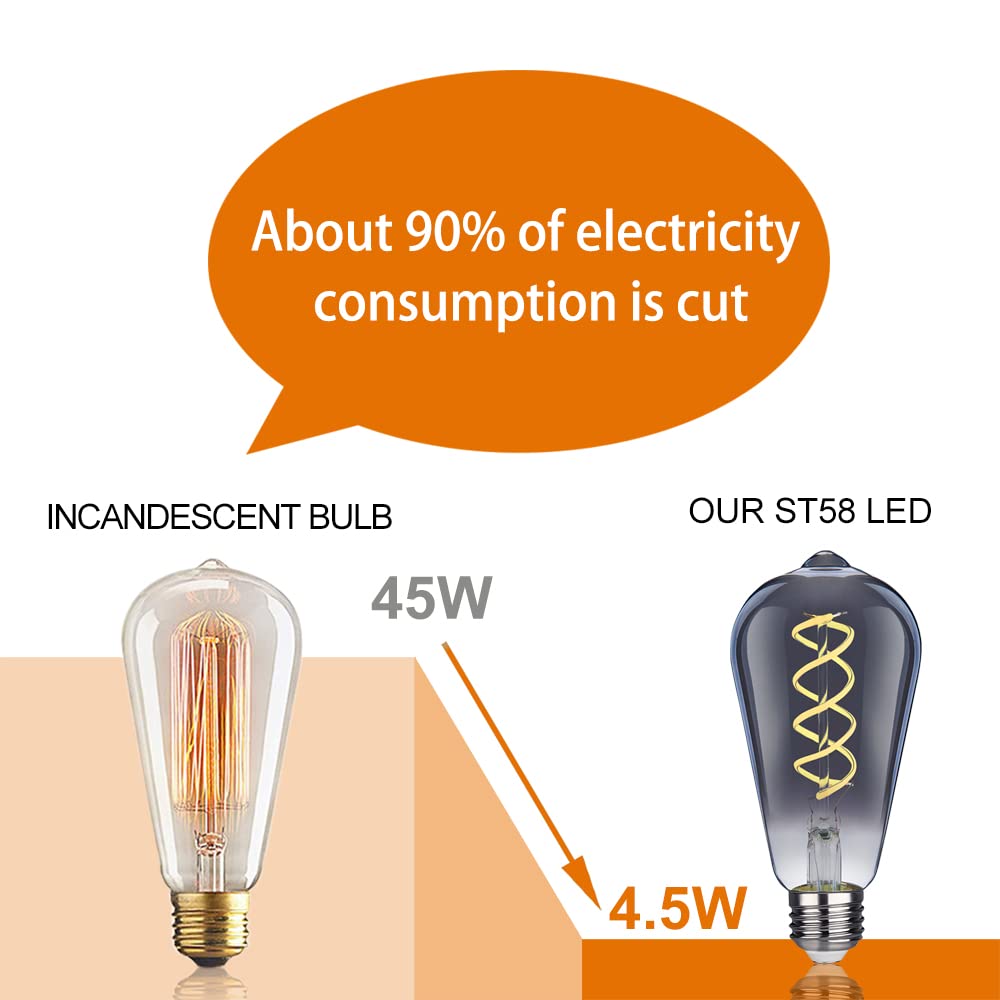 Austin Coast ST19/ST58 Vintage LED Edison Bulb,4.5W Daylight 5000K,Dimmable Flexible Spiral LED Filament Light Bulb with Smoky Grey Glass，4.5W Equivalent to 45W, E26 Base(4.5W-5000K-6 Pack)