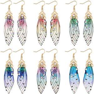 6 pairs fairy earrings for women butterfly wing earrings multicolored long dangling earrings for spring summer beach wedding party, handmade simulation faerie cicada wing drop crystal jewelry