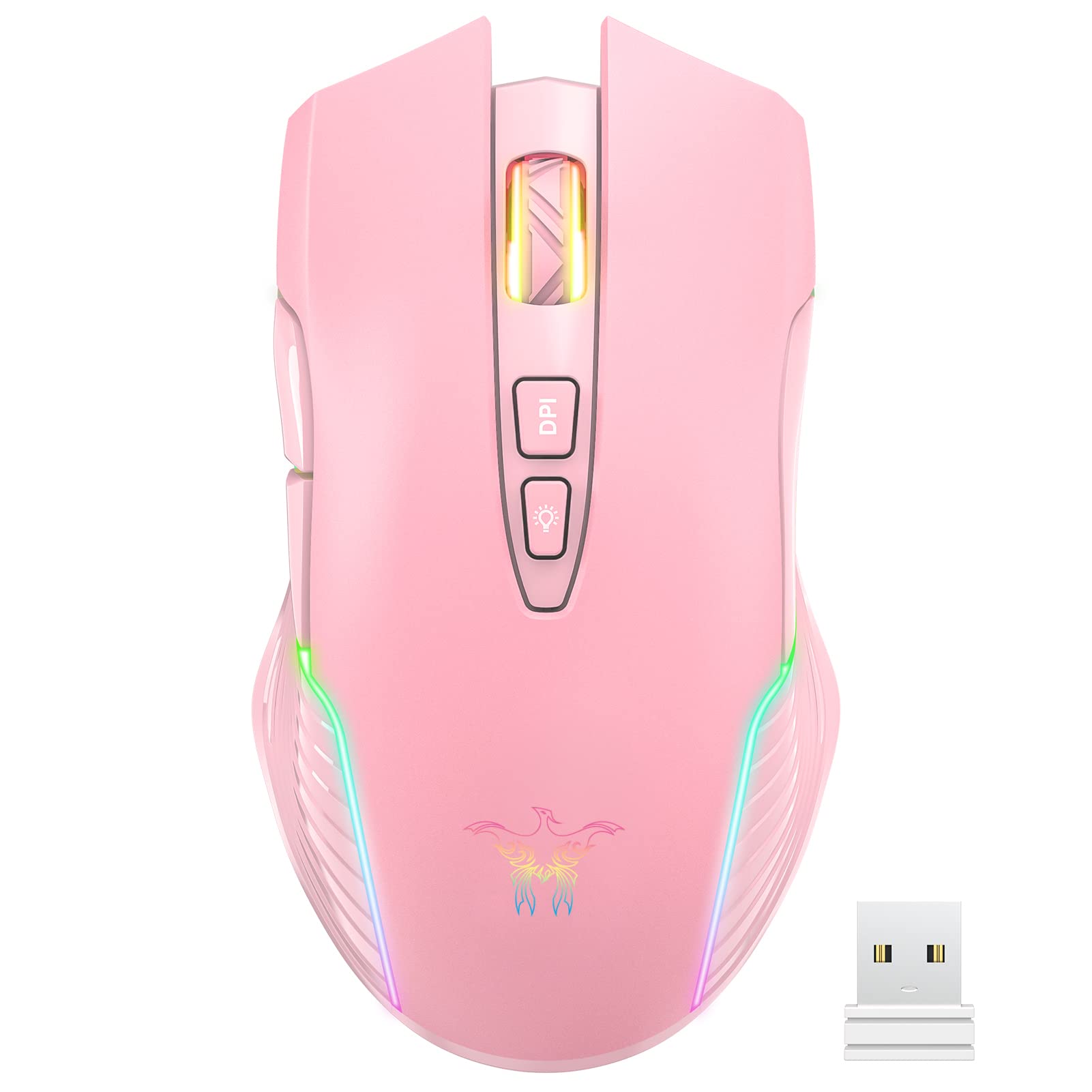 SIMGAL RGB Wireless Gaming Mouse, Pink, Rechargeable, Ergonomic Design, Adjustable DPI, Compatible with Windows, Mac