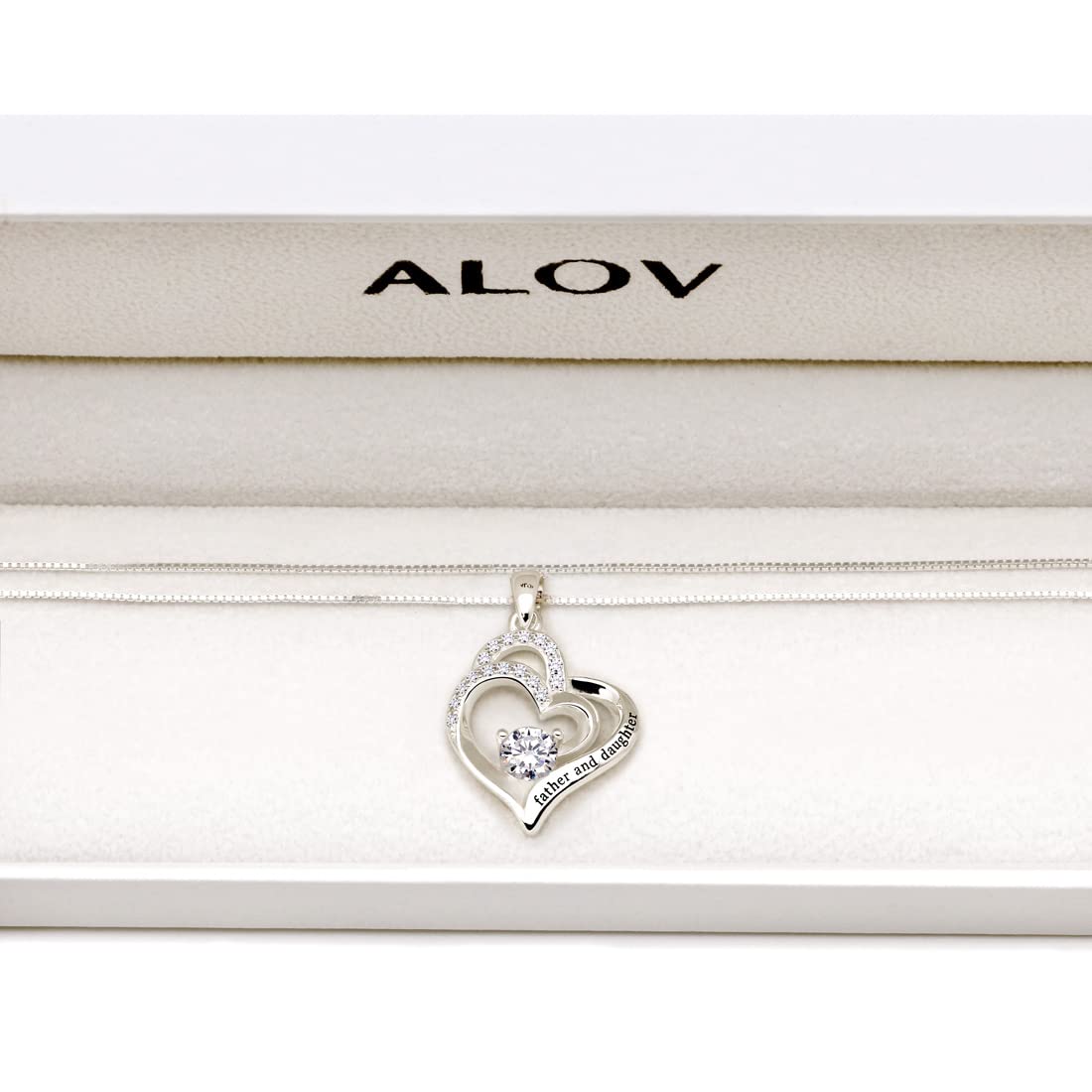 ALOV Jewelry Sterling Silver father and daughter Love Heart Cubic Zirconia Pendant Necklace