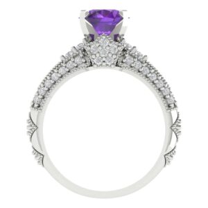 Clara Pucci 2.04ct Round cut Laser Engraving Pave Solitaire Natural Amethyst Engagement Anniversary Ring band set 14k White Gold Size 9