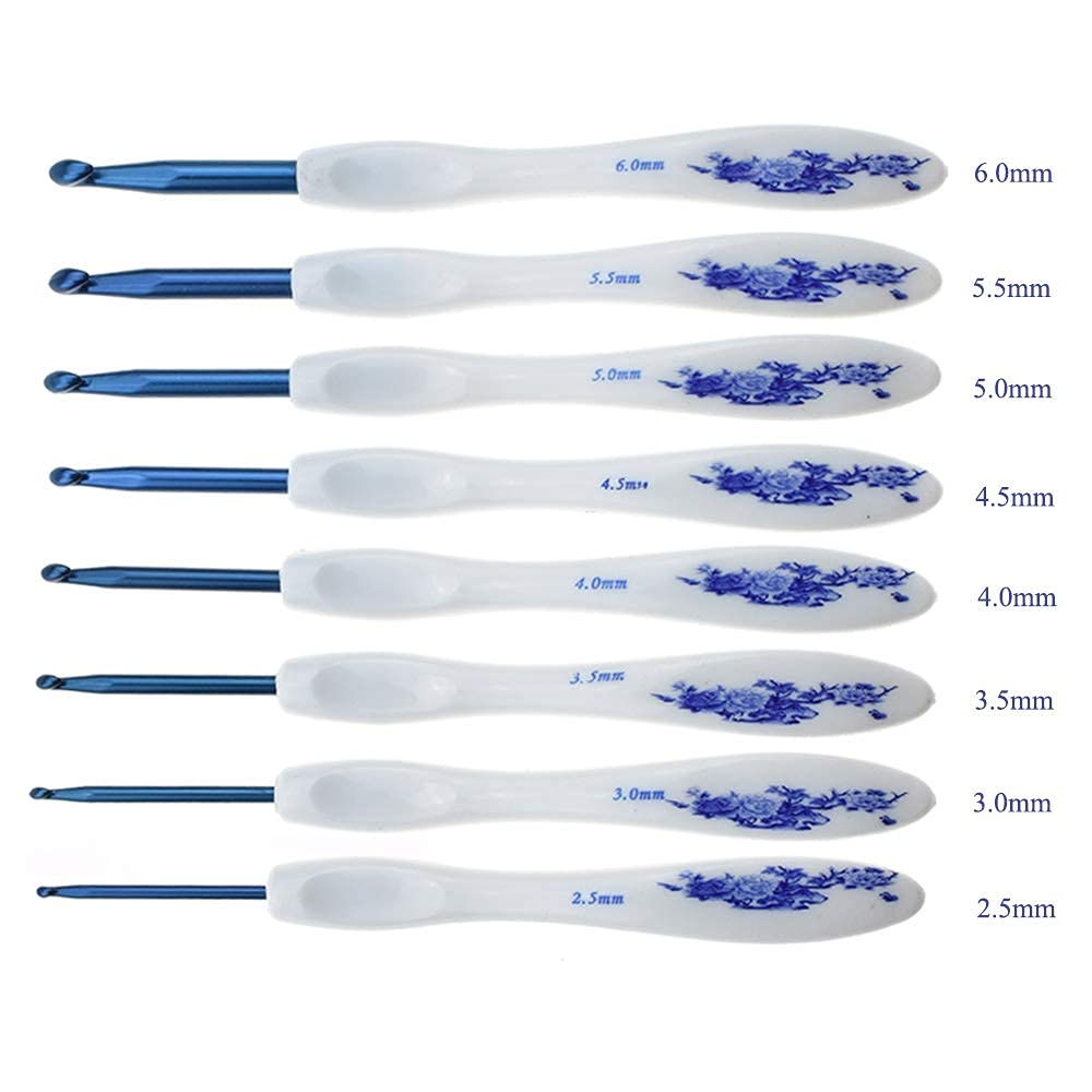 Coopay 12PCS Warm Crochet Hooks Plus & 8PCS Blue Porcelain Pattern Ergonomic Handle Crochet Needles, Crochet Kit Crochet Hook Set Ergonomic Soft Grip Crochet Needles Ideal Knitting Crochet Supplies