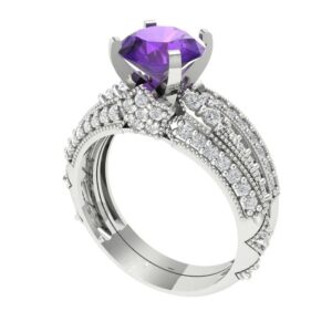 Clara Pucci 2.04ct Round cut Laser Engraving Pave Solitaire Natural Amethyst Engagement Anniversary Ring band set 14k White Gold Size 9