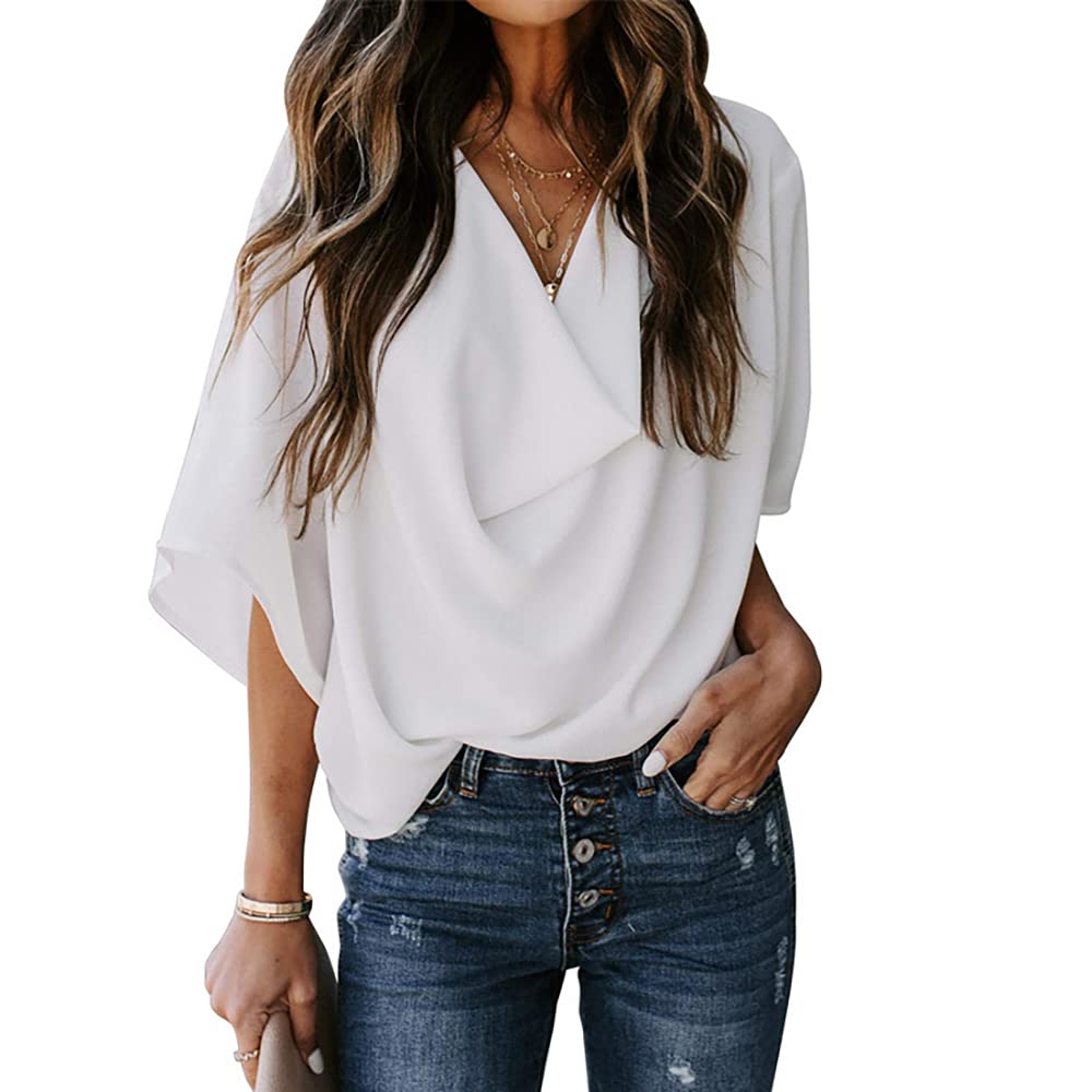 Janepam Womens Tops Shirt Chiffon Solid Color Plain 3/4 Sleeve Long Sleeve Batwing Plus Size V-Neck Loose Baggy Oversized Blouse(A White,M)