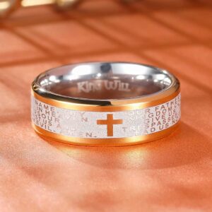 King Will 8mm Lord's Prayer Cross Ring Stainless Steel Ring Gold Silver Wedding Band Bible Engraved Rings High Polished 13.5