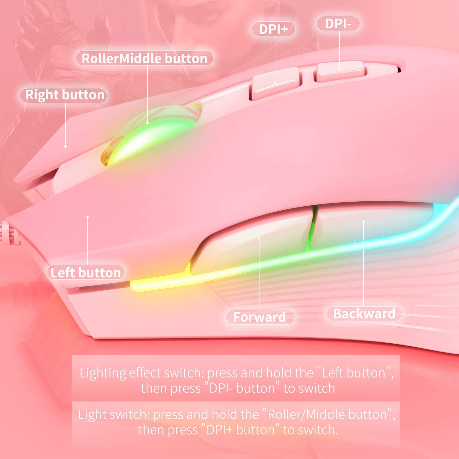 SIMGAL RGB Gaming Mouse Wired, USB Optical Computer Mice with RGB Backlit, 6 Adjustable DPI Up to 6400, Ergonomic Gamer Laptop PC Mouse with 7 Programmable Buttons for Windows Vista Linux (Pink)