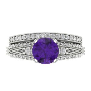 Clara Pucci 2.04ct Round cut Laser Engraving Pave Solitaire Natural Amethyst Engagement Anniversary Ring band set 14k White Gold Size 9