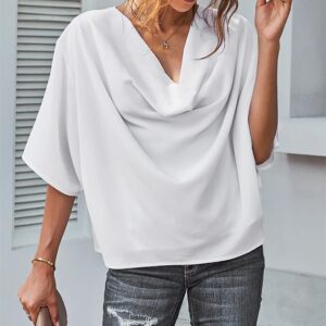 Janepam Womens Tops Shirt Chiffon Solid Color Plain 3/4 Sleeve Long Sleeve Batwing Plus Size V-Neck Loose Baggy Oversized Blouse(A White,M)