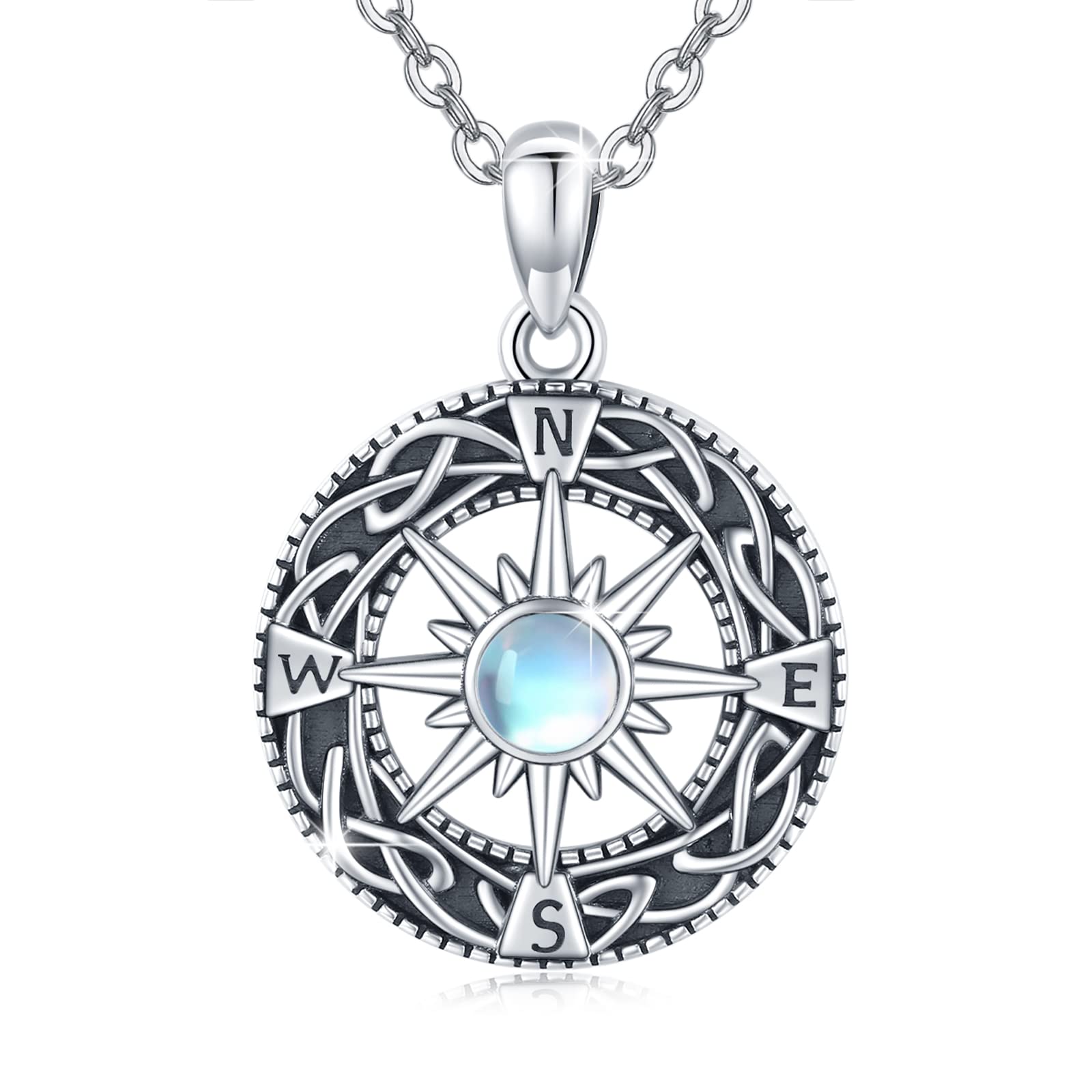 TUGHRA Graduation Necklace Sterling Silver Compass Necklaces for Women Men Celtic Moonstone Pendant Necklace Inspirational Jewelry Gifts for Women Friendship Talisman Gifts for Her Him