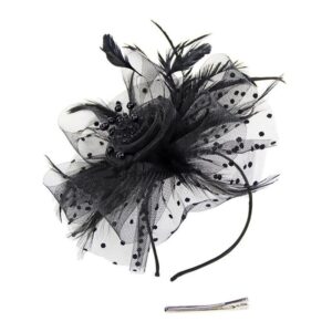 Women Fascinator Hat Wedding Fascinator Pillbox Hat Party Hat Bridal Hair Accessories Feather Flower Dotted Mesh Hat Beaded Black, One Size