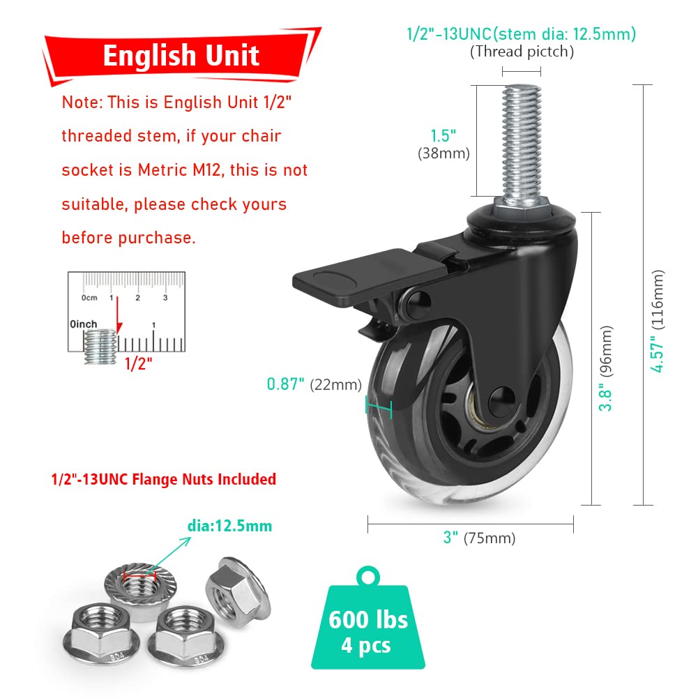 Hirate 3" Stem Swivel Casters Heavy Duty Lockable Casters 1/2"-13 x 1.5" Threaded Stem Caster - Pack of 4 for Furniture Trolley Dolly, Included with Flange Lock Nuts