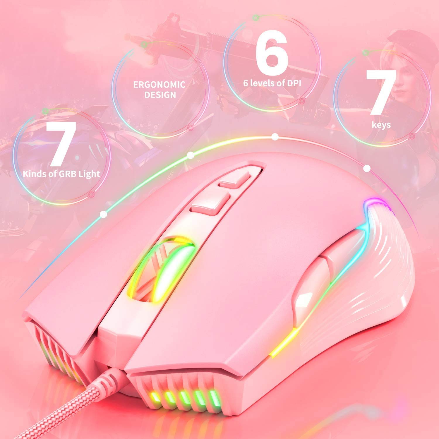 SIMGAL RGB Gaming Mouse Wired, USB Optical Computer Mice with RGB Backlit, 6 Adjustable DPI Up to 6400, Ergonomic Gamer Laptop PC Mouse with 7 Programmable Buttons for Windows Vista Linux (Pink)