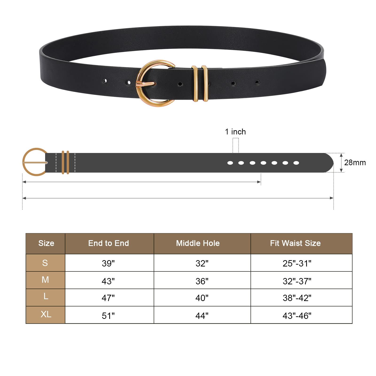 VONMELLI 2 Pack Women's Leather Belts for Jeans Pants Fashion Gold Buckle Ladies Belt Black Brown M