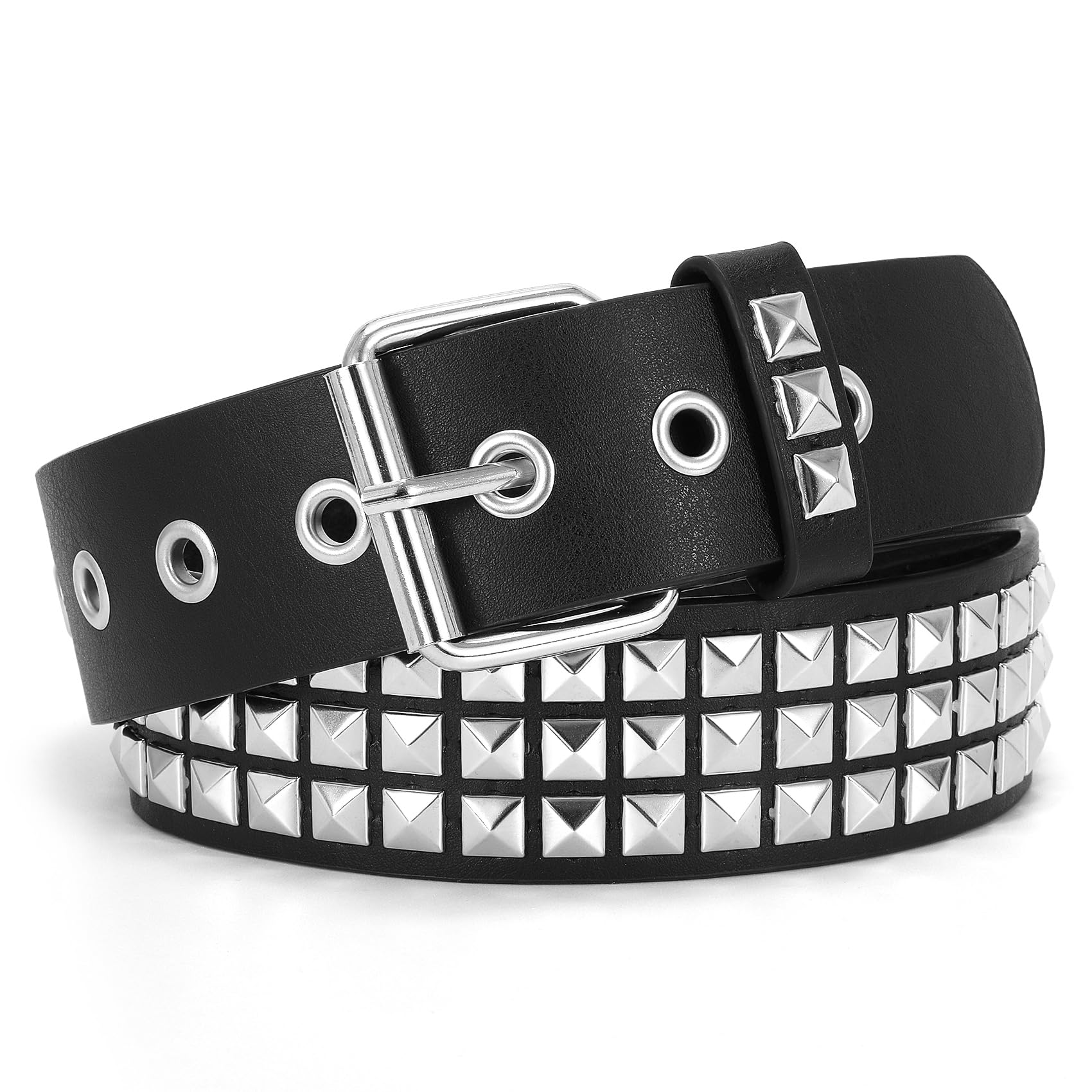 WHIPPY Women Men Rivet Studded Belt Row Pyramid Square Bead PU Faux Leather Punk Rock Grommet Belt for Jeans,Silver,L