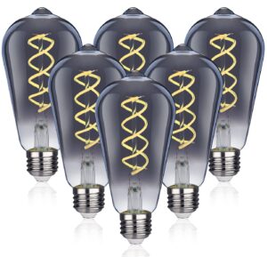 austin coast st19/st58 vintage led edison bulb,4.5w daylight 5000k,dimmable flexible spiral led filament light bulb with smoky grey glass，4.5w equivalent to 45w, e26 base(4.5w-5000k-6 pack)