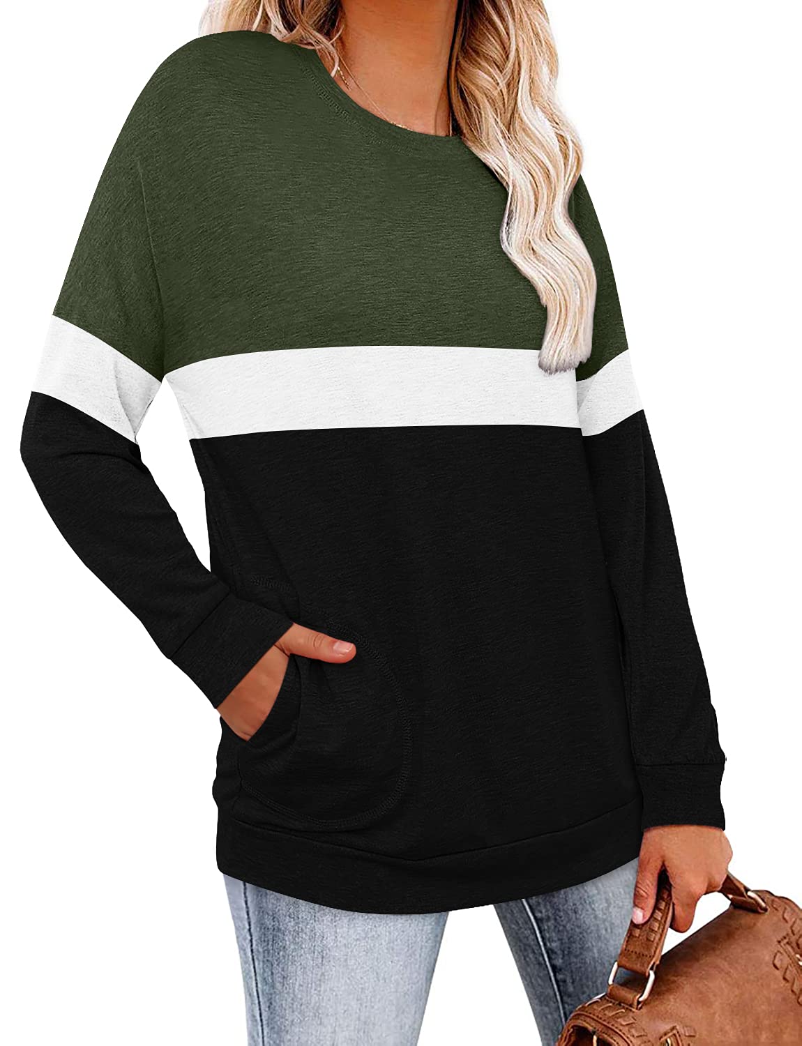 Magritta Girls Loose Fit Tunic Tops with Pockets Crew Neck Stretchy Long Sleeve Striped Color Block Sweatshirt Pullover for Women Green Black X-Large