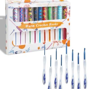 Coopay 12PCS Warm Crochet Hooks Plus & 8PCS Blue Porcelain Pattern Ergonomic Handle Crochet Needles, Crochet Kit Crochet Hook Set Ergonomic Soft Grip Crochet Needles Ideal Knitting Crochet Supplies