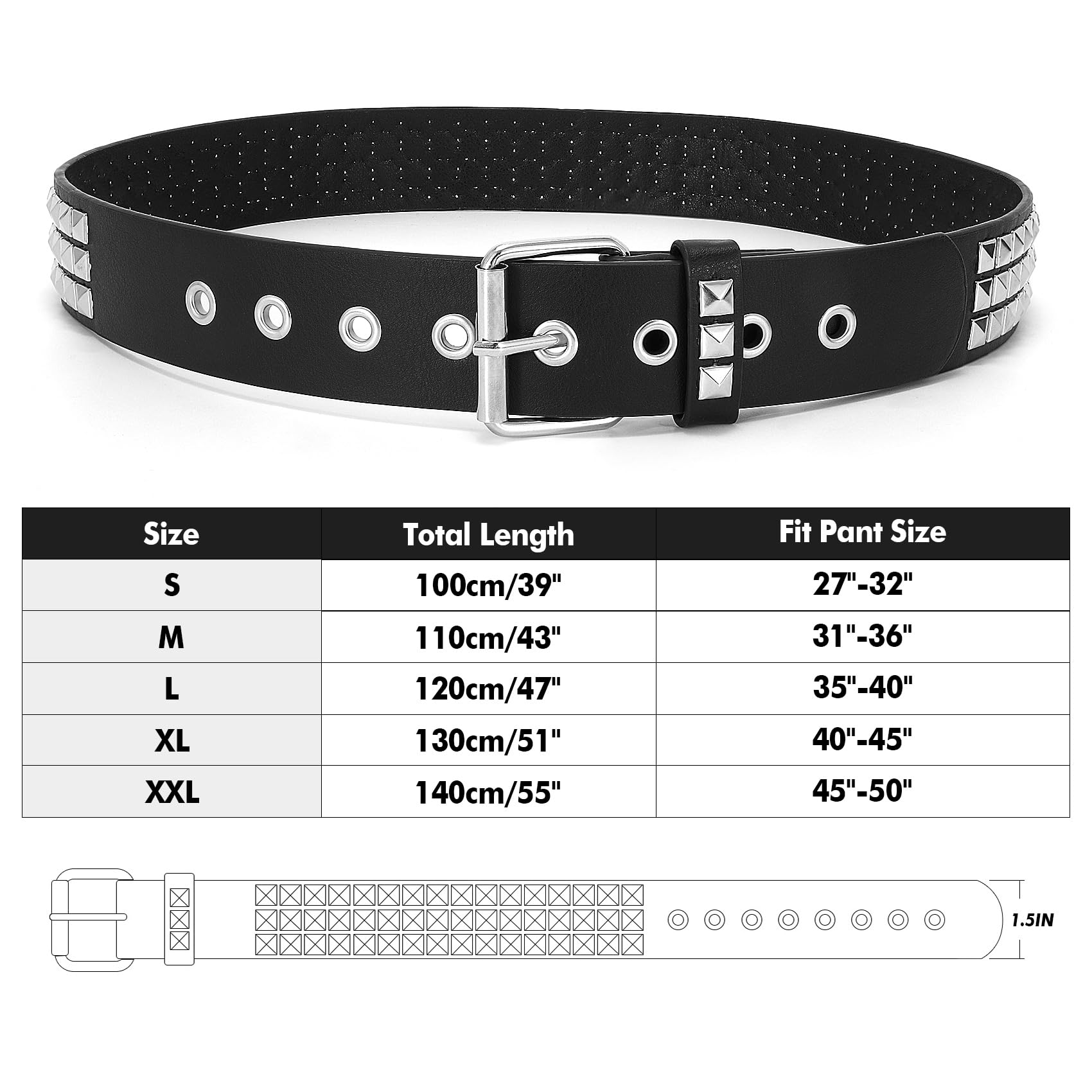 WHIPPY Women Men Rivet Studded Belt Row Pyramid Square Bead PU Faux Leather Punk Rock Grommet Belt for Jeans,Silver,M