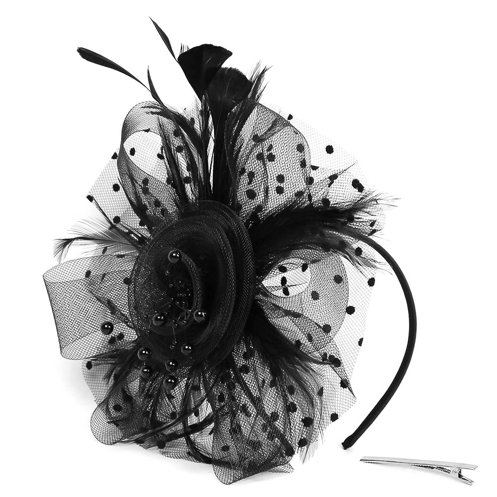 Women Fascinator Hat Wedding Fascinator Pillbox Hat Party Hat Bridal Hair Accessories Feather Flower Dotted Mesh Hat Beaded Black, One Size