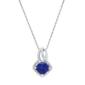 Dazzlingrock Collection 7 mm Cushion Lab Created Blue Sapphire Women Elegant Tiny Pendant with Round Natural Diamond Accents in 18 Inch Silver Chain in 925 Sterling Silver