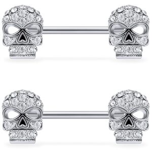 Lcolyoli 316L Stainless Steel Nipple Rings Barbell Crystal Skull Piercing Nipple Piercing Jewelry for Women Men Silver-tone