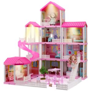 hcfjeh dollhouse play house for girl, doll house with lights & two dolls & furniture accessories, toddler diy princess house playhouse pretend set toy, birthday gift for 3 4 5 6 7 year old(11 room)