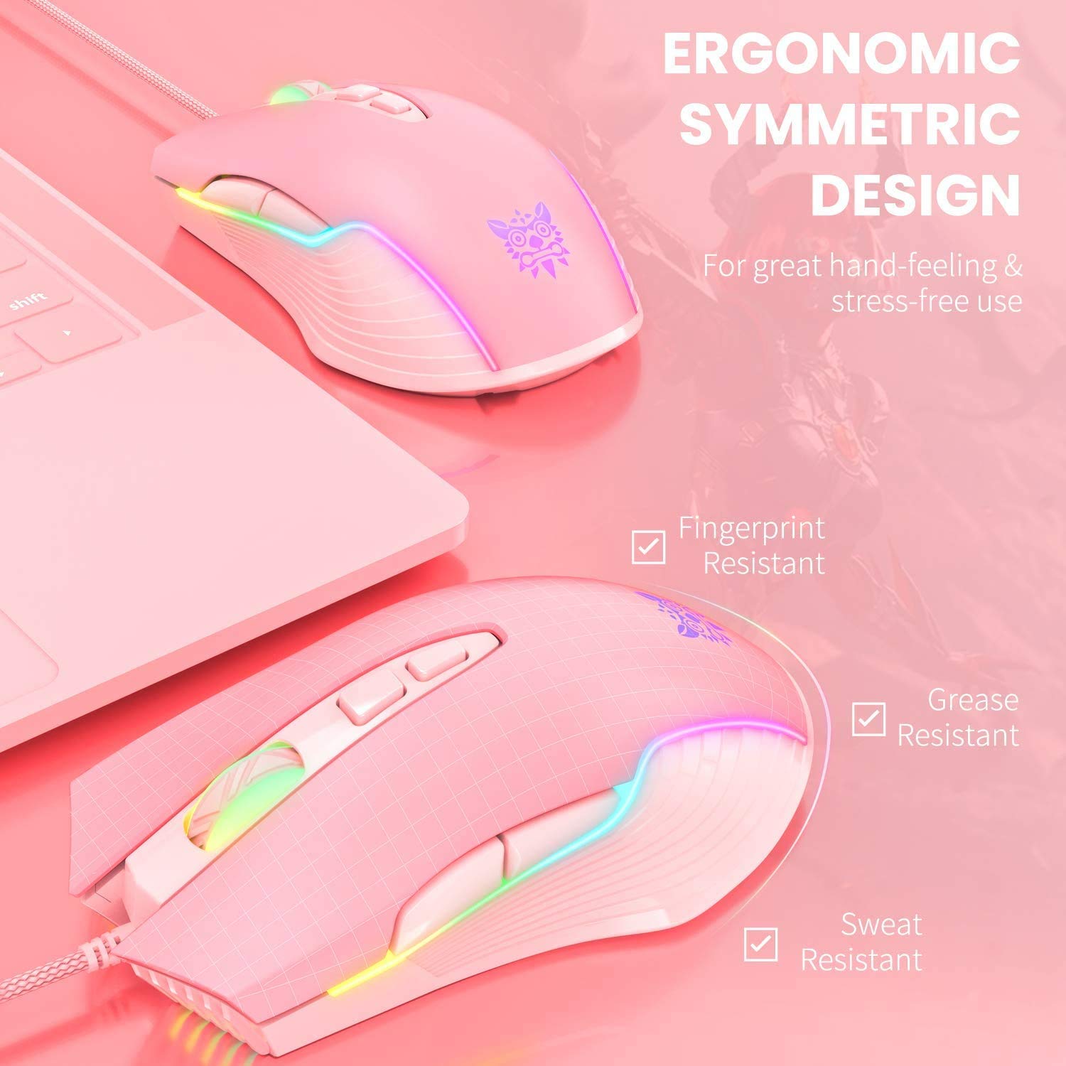 SIMGAL RGB Gaming Mouse Wired, USB Optical Computer Mice with RGB Backlit, 6 Adjustable DPI Up to 6400, Ergonomic Gamer Laptop PC Mouse with 7 Programmable Buttons for Windows Vista Linux (Pink)