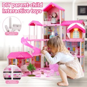 HCFJEH Dollhouse Play House for Girl, Doll House with Lights & Two Dolls & Furniture Accessories, Toddler DIY Princess House Playhouse Pretend Set Toy, Birthday Gift for 3 4 5 6 7 Year Old(11 Room)