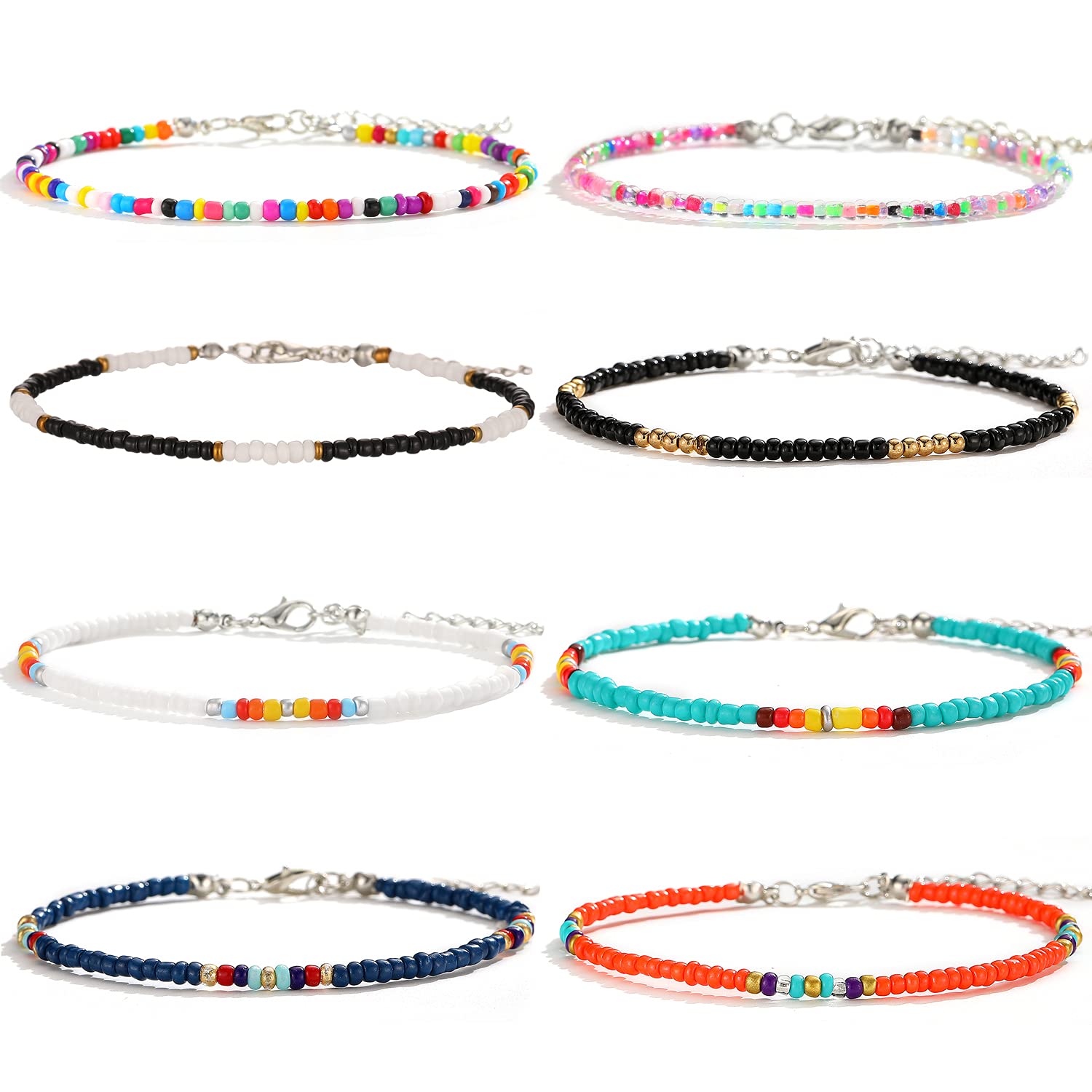 XIJIN Large Beaded Anklets Set Handmade Plus Size Colorful Beads Anklet for Women Foot Ankle Bracelet 9-11 inches