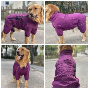 Warm Dog Coat Double Layers Dog Vest, 4 Legs Covered Windproof Waterproof Reflective Warm Dog Vest Outdoor Skating Dog Costume for Small Medium Large Dogs Purple XXL