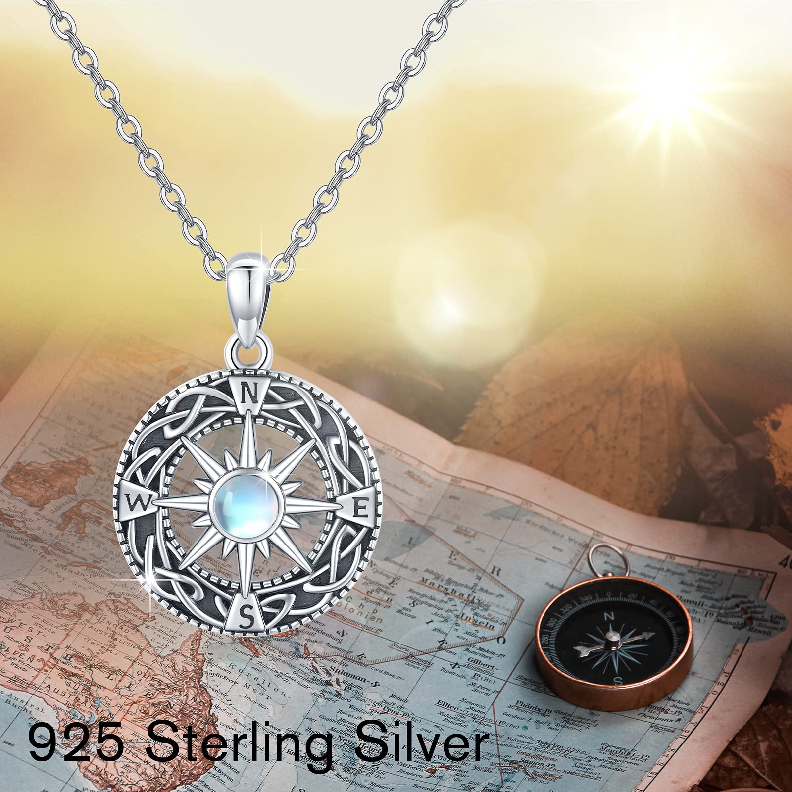 TUGHRA Graduation Necklace Sterling Silver Compass Necklaces for Women Men Celtic Moonstone Pendant Necklace Inspirational Jewelry Gifts for Women Friendship Talisman Gifts for Her Him