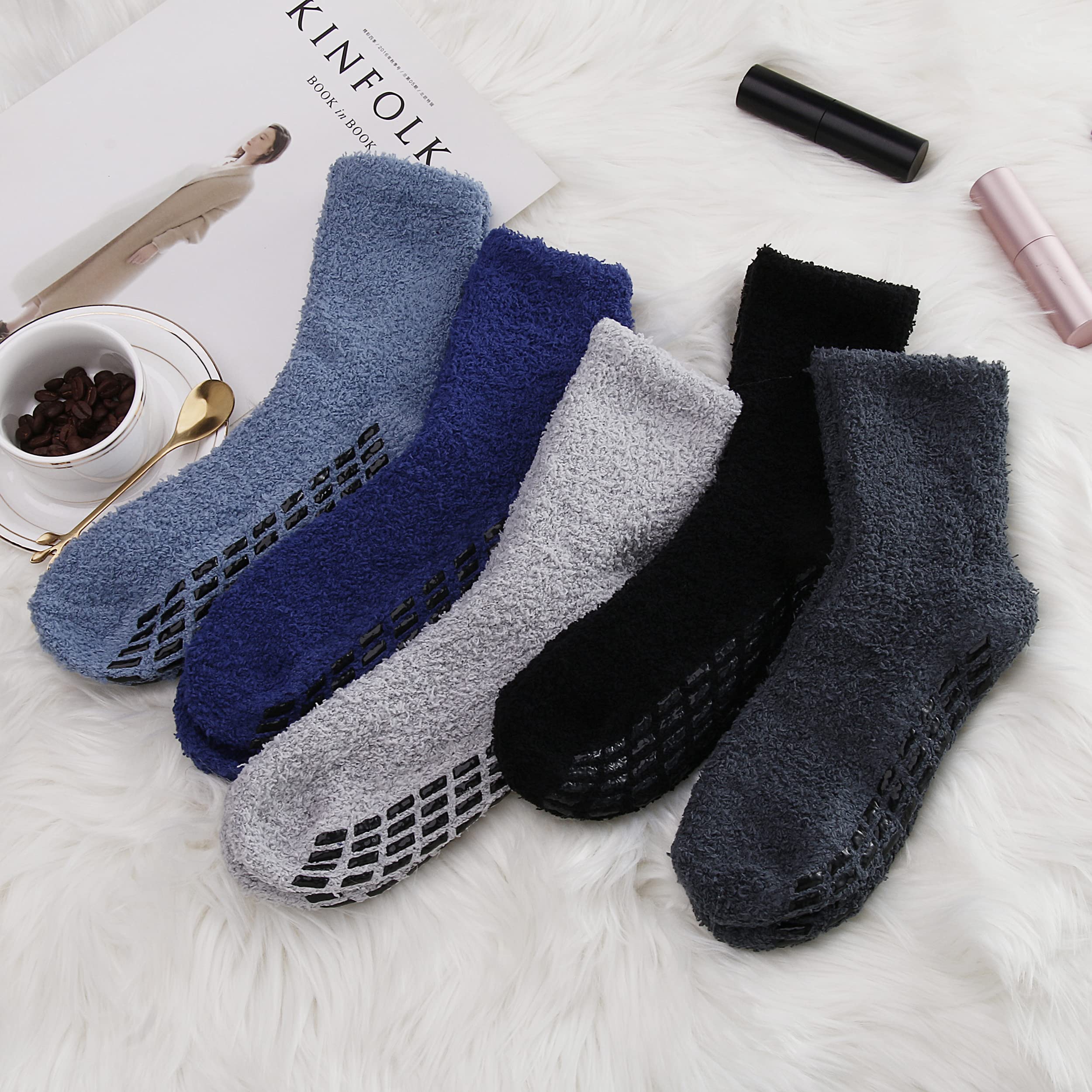 Breslatte Non Slip Socks Hospital Socks with Grips for Women Grip Socks for Women Fluffy Socks with Grips for Women 5 pairs 2 Darkcolor