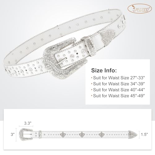 JASGOOD Rhinestone Studded Belt for Men Women, Western Leather Belt for Cowgirl Cowboy Vintage Bling Belt for Pants Dress