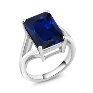 Gem Stone King 10.00 Cttw Blue Created Sapphire Solitaire Ring For Women In 925 Sterling Silver | Emerald Cut 14X10MM | Available In Size 5, 6, 7, 8, 9