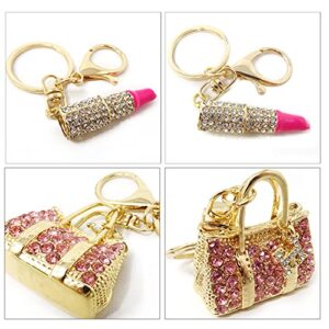 Honbay 2PCS Cute Crystal Lipstick Handbag Style Keychain Bling Bling Rhinestone Car Key Decoration Blingbling Key Purse Keyring for Bag Wallet Handbags Backpack (2 Style)