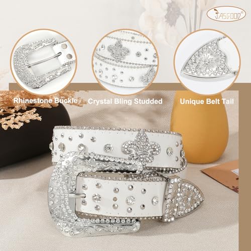 JASGOOD Rhinestone Studded Belt for Men Women, Western Leather Belt for Cowgirl Cowboy Vintage Bling Belt for Pants Dress